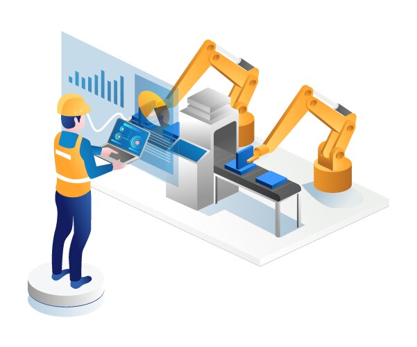 Man controlling factory robot with laptop vector image