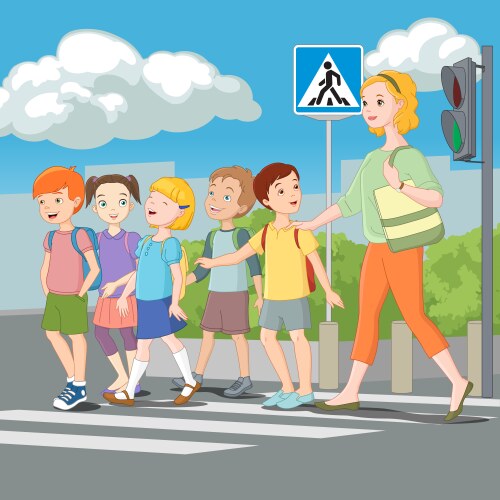 kids crossing road with teacher vector image