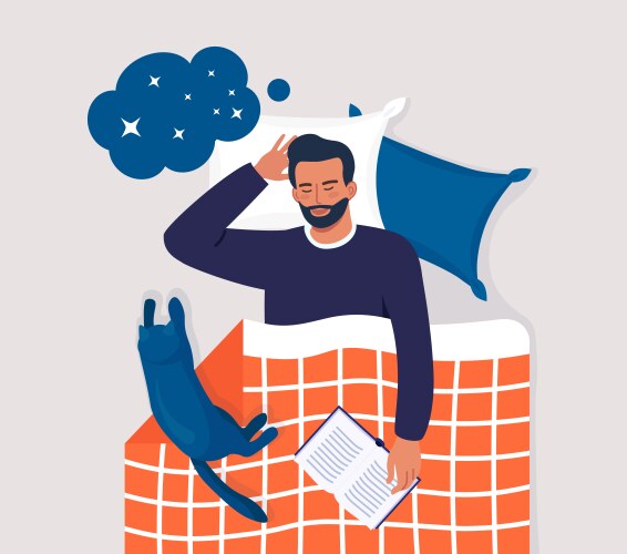 man sleeping at night with book and cat person vector image