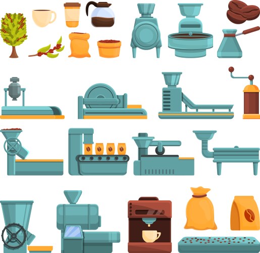 Coffee Production Icons - Cartoon Style Vector Image