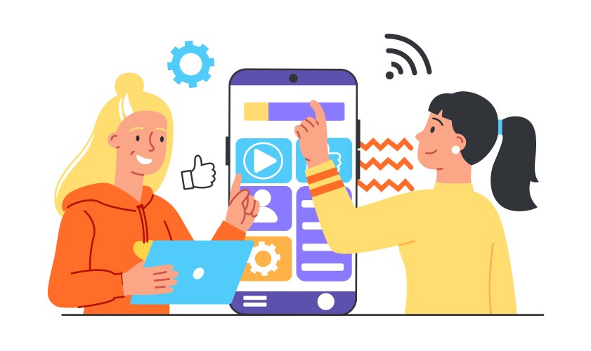 Developer build mobile app work on user interface vector image
