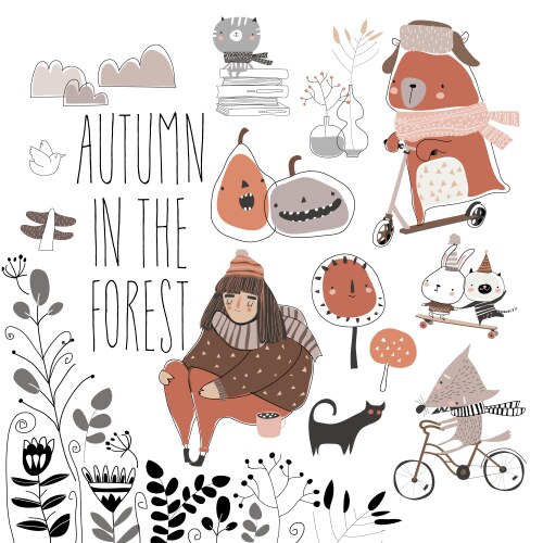 Fall set with cute forest animals in cartoon style