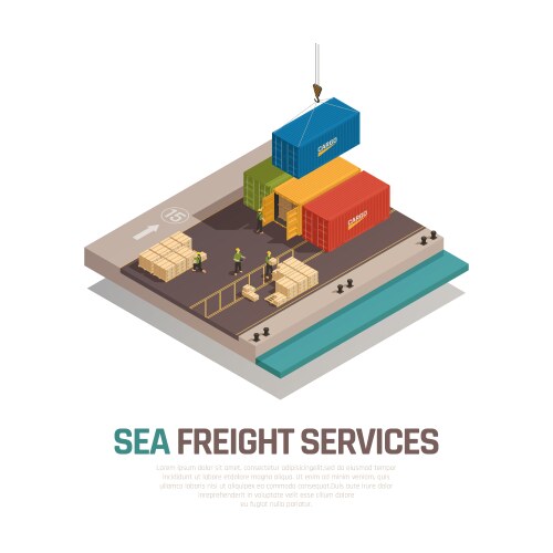 Cargo ship unloading in seaport isometric Vector Image