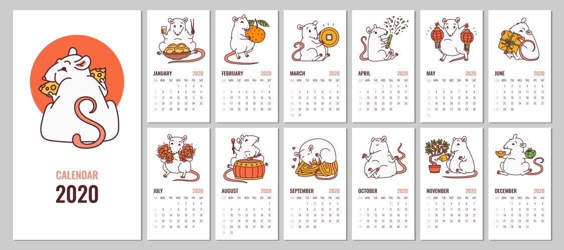 Monthly calendar 2020 with rat chinese new year Vector Image