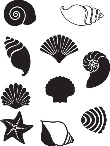 Sea shells seashell silhouettes set Royalty Free Vector
