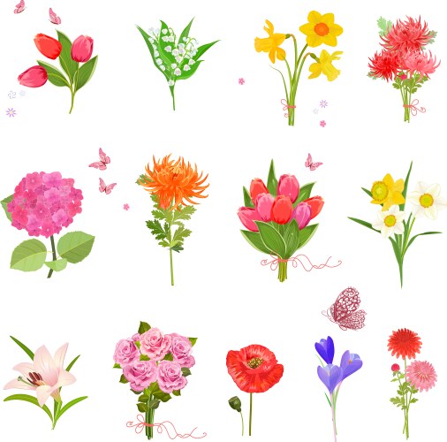 Collection of Vibrant Flower Bouquets Vector Image