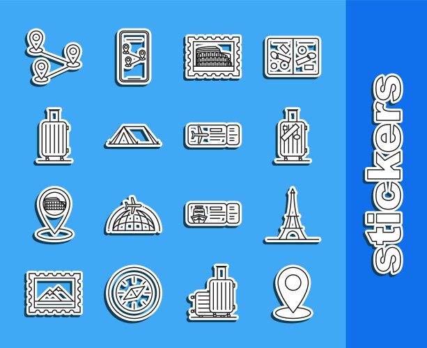 Set line map pin eiffel tower suitcase vector image