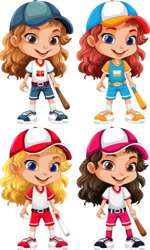 set of girls holding baseball bats vector