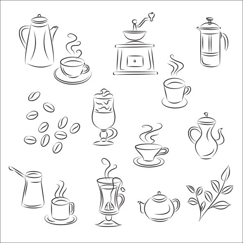 Cafe doodle set coffee and tea morning breakfast Vector Image