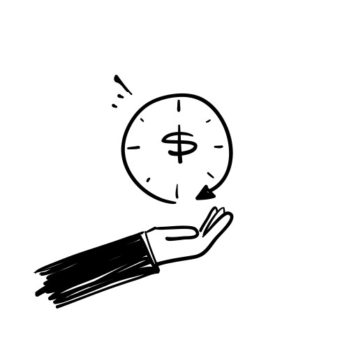 Hand drawn doodle clock arrow and money symbol vector image