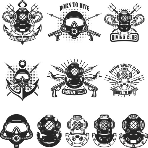 Vintage Dive Emblems & Helmets Vector Image