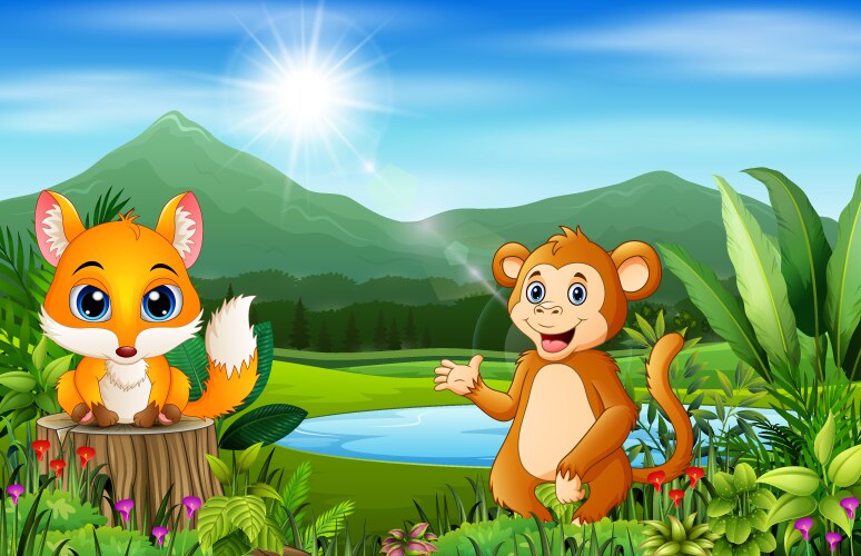 Happy animals and beautiful natural scenery with m Vector Image
