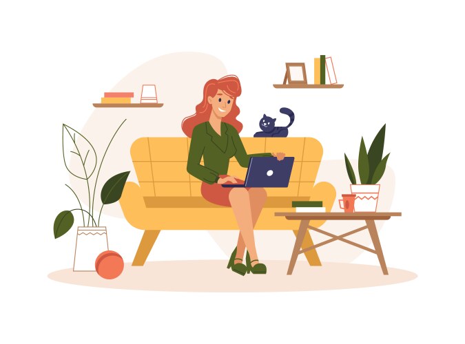 woman using computer at home on couch vector