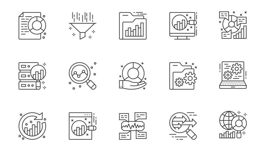 Data analytics icons set in outline stroke design vector image