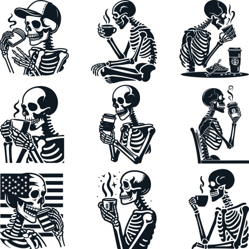 Funny coffee drinking skeleton skull svg bundle Vector Image