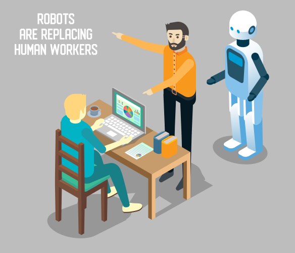 robot vs human labor isometric vector