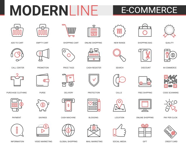 E-commerce online shopping red black icons vector image