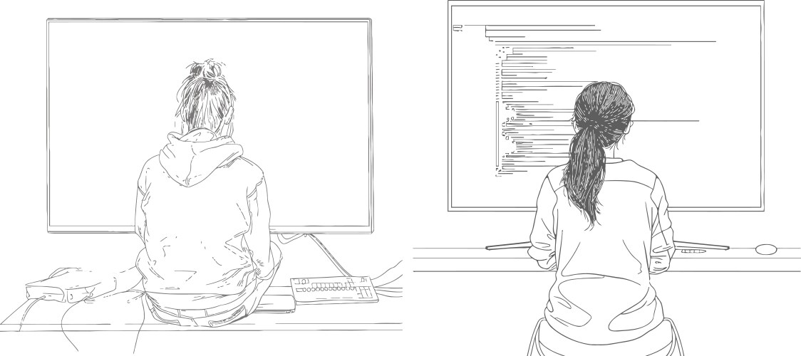 Woman programmer sits in front of a large monitor vector image