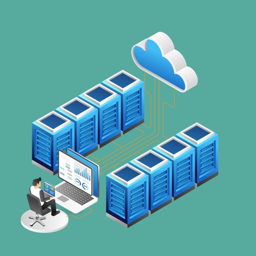 Isometric server room cloud computing and data vector image