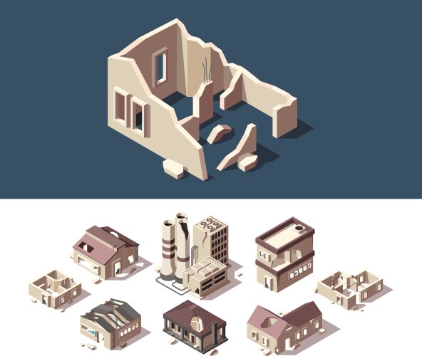 Abandoned buildings isometric broken houses city Vector Image