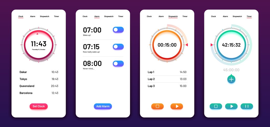 Clock user interface alarm stopwatch timer ui vector image