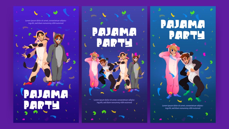 Pajama party cartoon posters people in kigurumi vector image