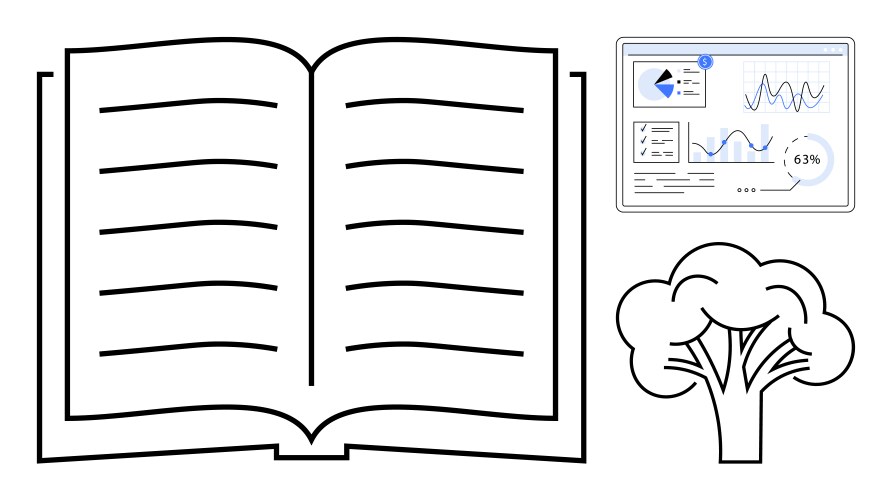 Open book with data analytics dashboard and tree vector image
