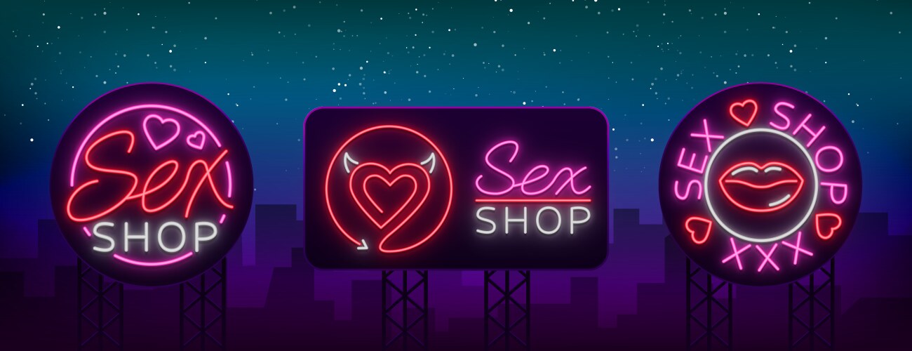 collection logo sex shop night sign in neon style vector image