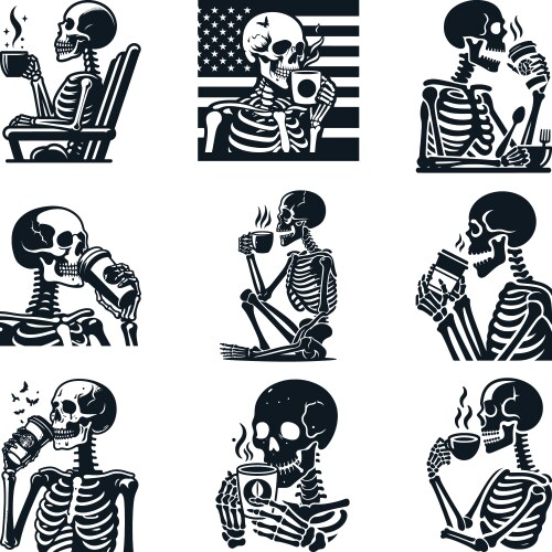 Funny coffee drinking skeleton skull svg bundle Vector Image