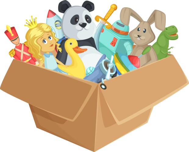 Toy box cardboard package full of kid playthings vector image