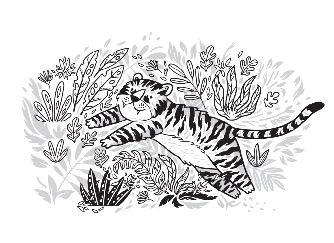 Contour print tiger is jumping in tropical garden Vector Image