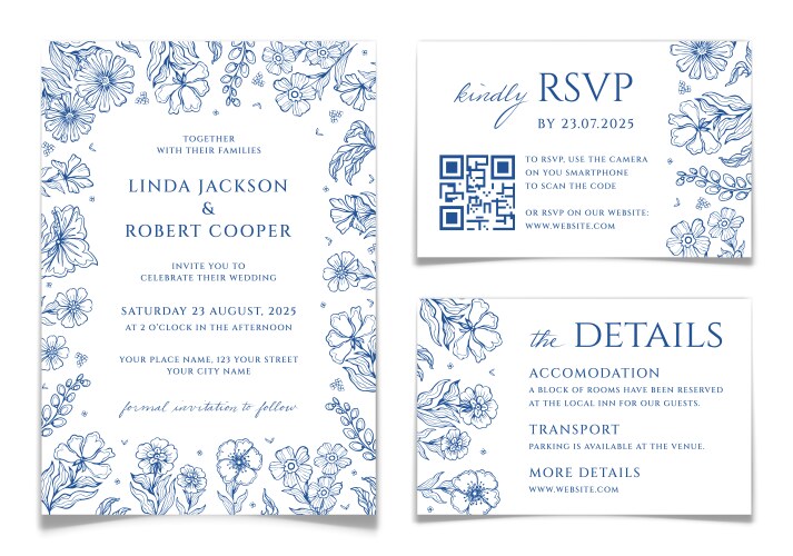 Wedding invitations set in blue floral toile style Vector Image