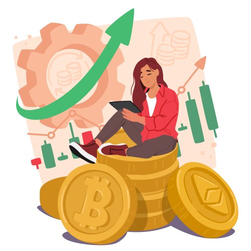 Female trader sitting on huge cryptocurrency pile vector image