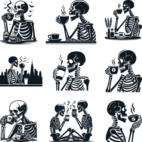 Funny coffee drinking skeleton skull svg bundle Vector Image