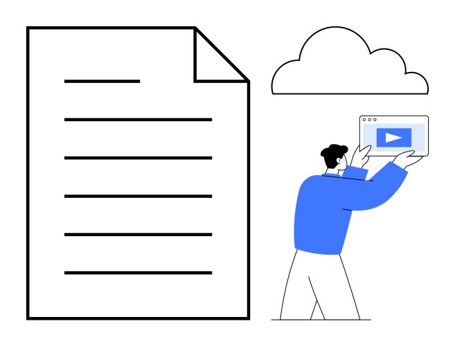 Man uploading video file to cloud with large vector image
