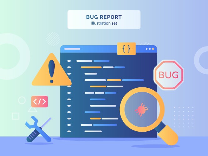Bug report set magnifying on data computer vector image
