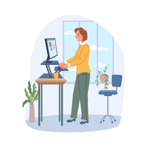 Woman working by adjustable table standing pose vector image