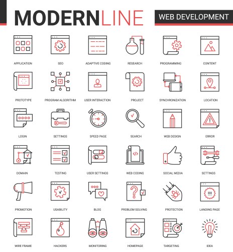 Content creation red black thin line trendy icons Vector Image