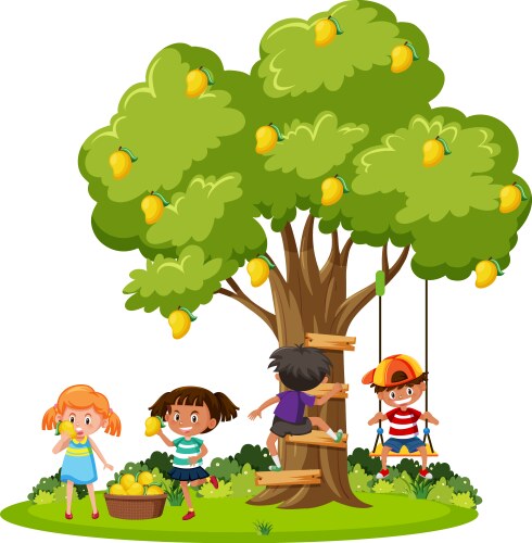 Kids harvesting mango from tree Vector Image