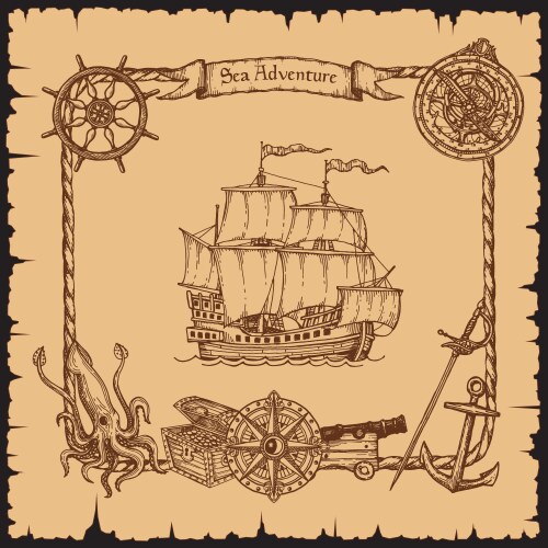 Vintage pirate vessel ship with rope frame sketch Vector Image