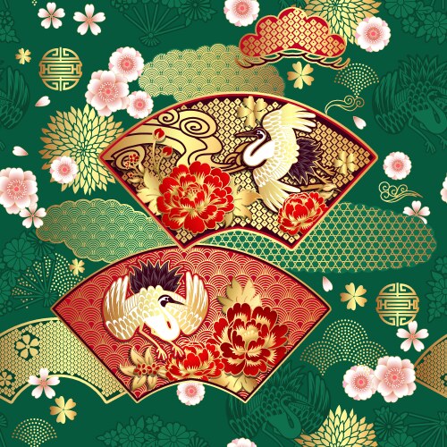 Japanese Spring Fan & Crane Background Vector Image