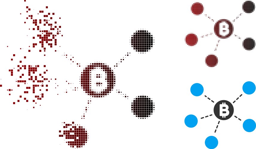 Fragmented pixel halftone bitcoin net structure vector image