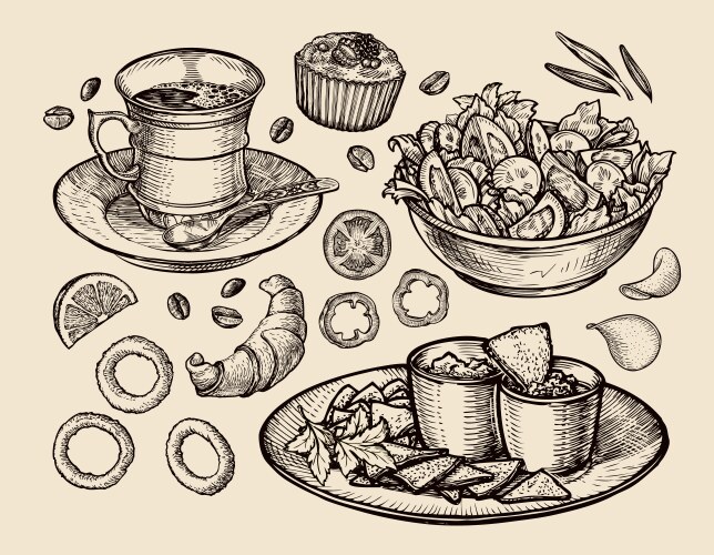 Hand Drawn Food Collection - Coffee & Snacks Vector Image