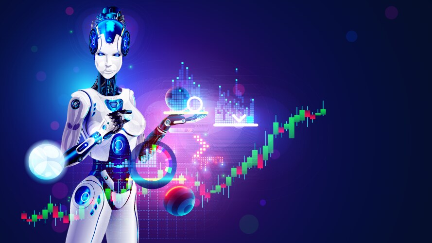 robot ai trader analysing chart of stock exchange vector