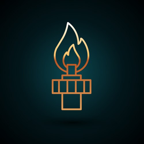 Gold line oil rig with fire icon isolated on dark Vector Image