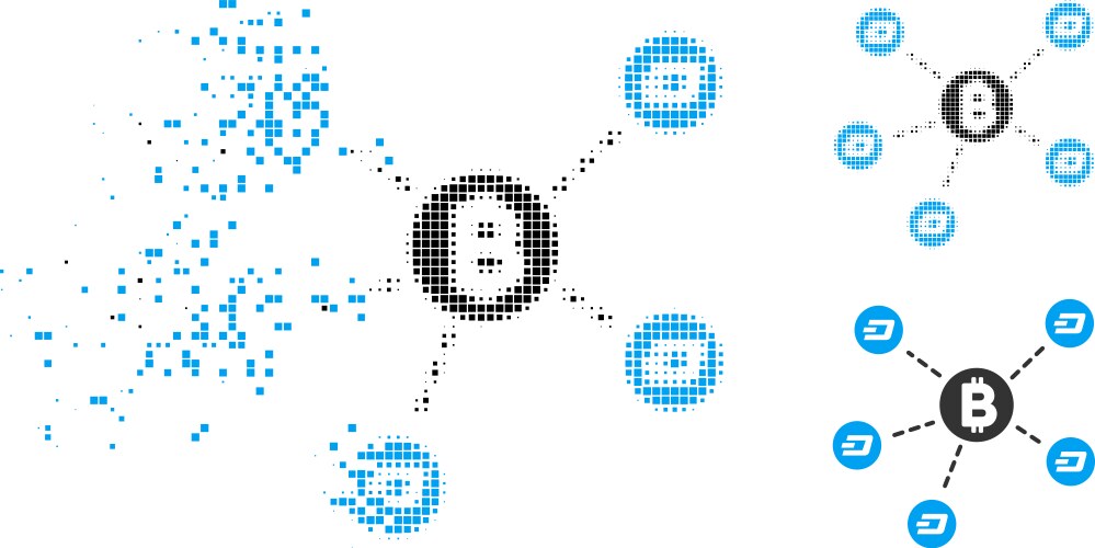 Dissolved dotted halftone bitcoin dash network vector image