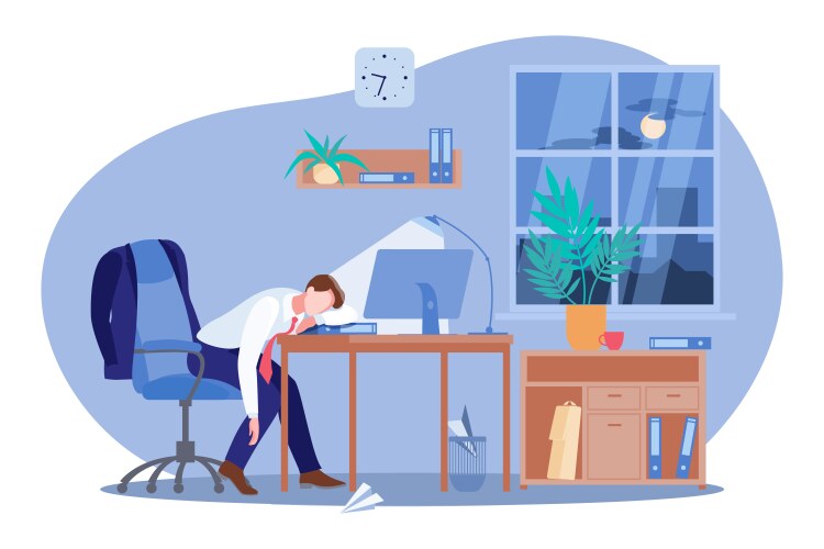 tired man sleeping at the desk in office vector image