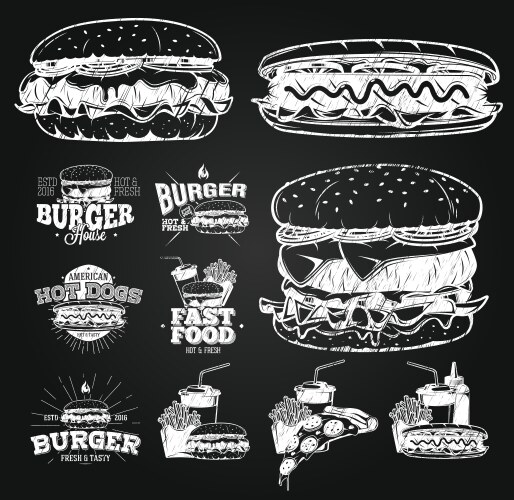 Fast Food Chalk Art – Labels & Elements Vector Image