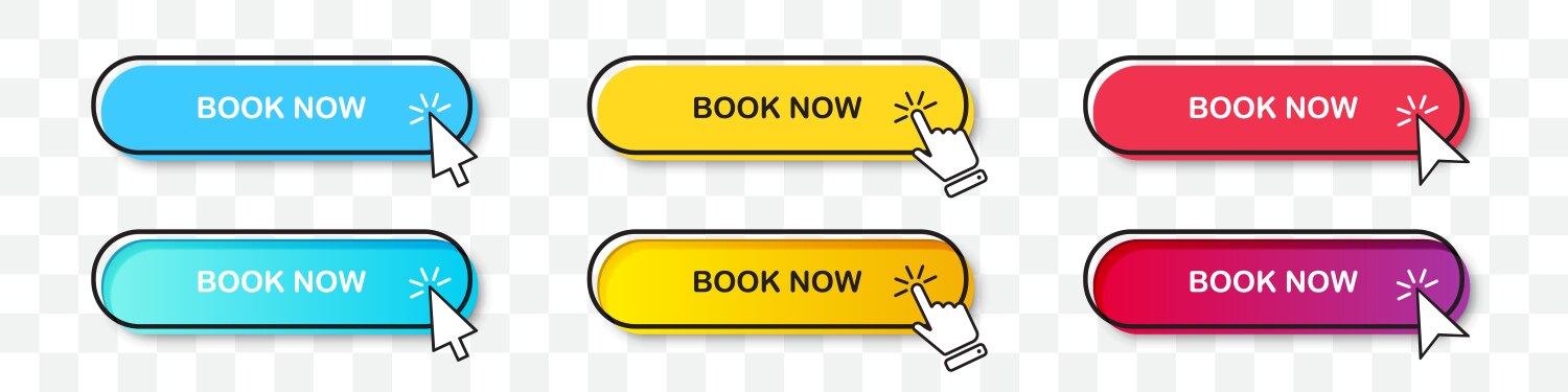 Book now buttons collection with cursor pointer vector image