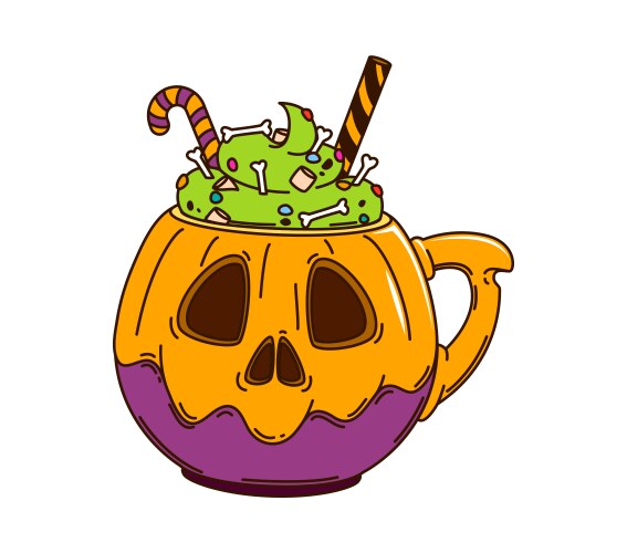 Cartoon groovy halloween pumpkin drink spooky mug Vector Image